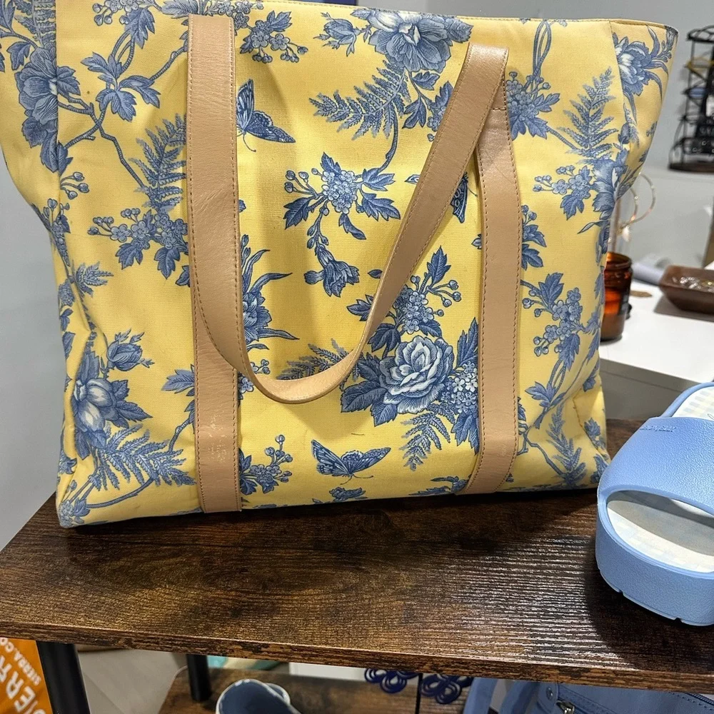 Talbots Yellow Floral Tote with Blue Print and Tan Straps